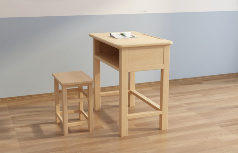 Solid wood desks and chairs with square stools