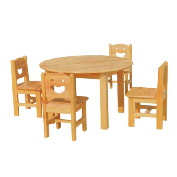 Kindergarten Round solid wood four-person table and chairs