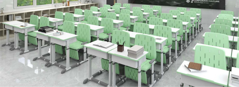 Hand-cranked desks and chairs for lunch break