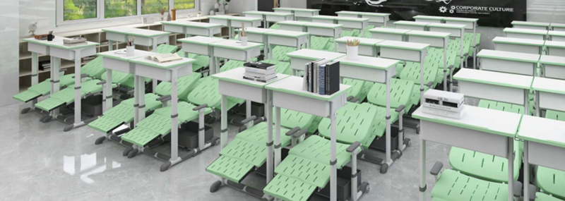 Hand-cranked desks and chairs for lunch break